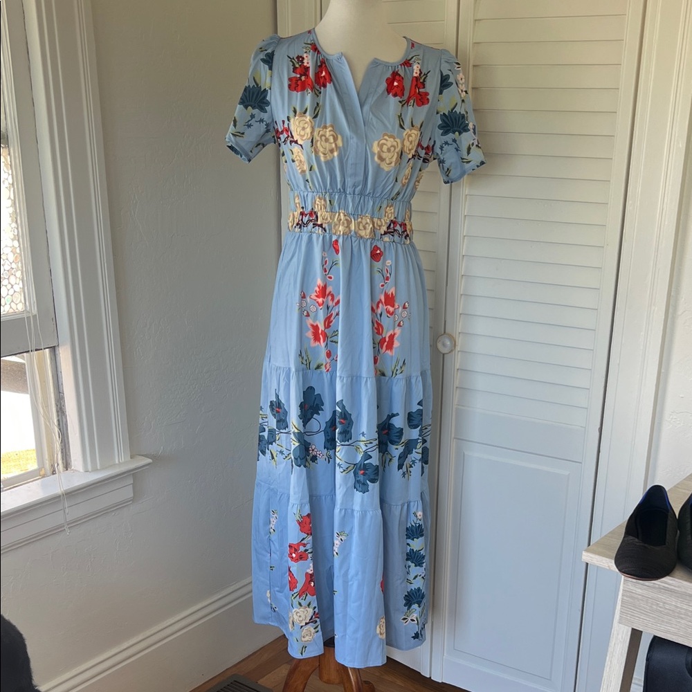 Floral Tiered Midi Dress in Light Blue